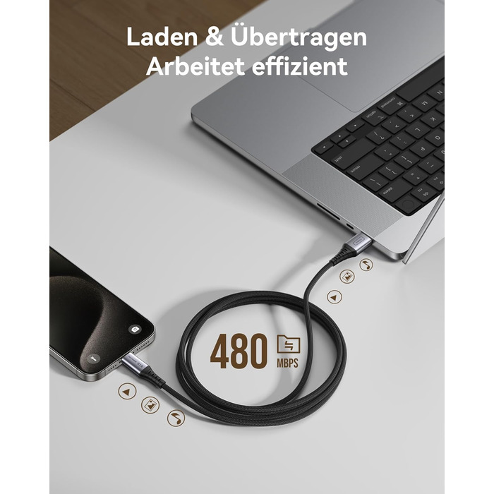 Кабель USB-C на USB-C, 3.1A, 2м, нейлон, чорний - для iPhone, Samsung, Google Pixel