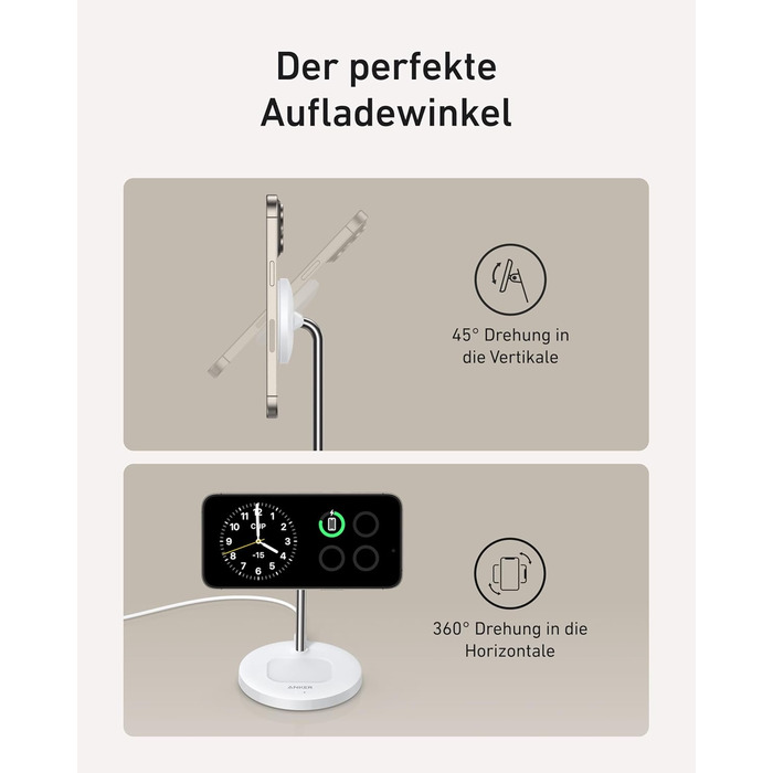 Anker MagGo 15W Magsafe зарядний пристрій: 2-в-1 індукційна станція, Qi2 бездротовий заряд для iPhone 16/15/14/13/12, AirPods Pro, з USB-C кабелем 1.5м, без адаптера живлення