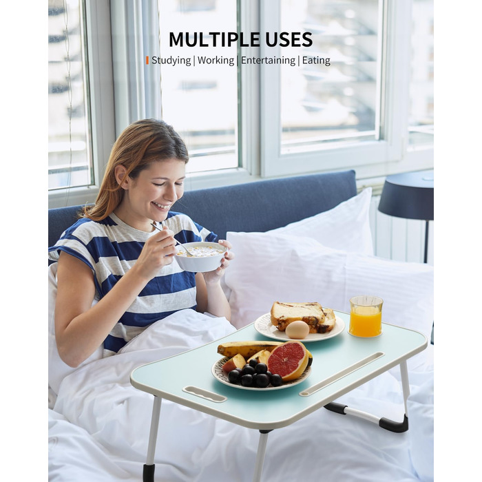Складаний столик для ноутбука, портативний столик на колінах, приліжковий столик, підставка для ноутбука з тримачем для напоїв та слотом для планшета, з підйомним ручками для роботи, письма, малювання та їжі (Рожевий) (Блакитний)