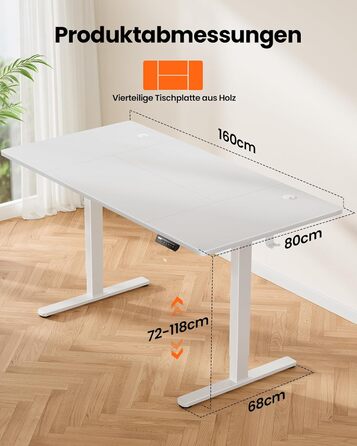 Електричний стіл ErGear 160x80 см, регульований по висоті з 4 пам’ятями, геймерський письмовий стіл з чотирисекційною стільницею, білий