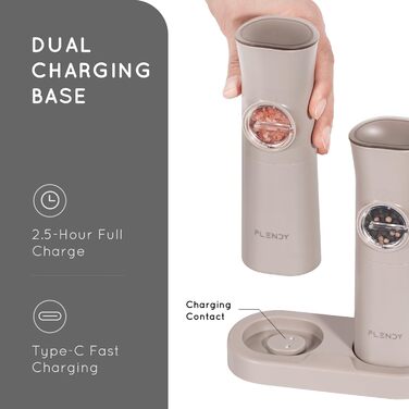 Flendy Gravity Electric Salt and Pepper Mill Set, 2-Piece Set Rechargeable Electric Salt and Pepper Shakers with USB-C Charging Station, Electric Spice Grinder for Dry Spices