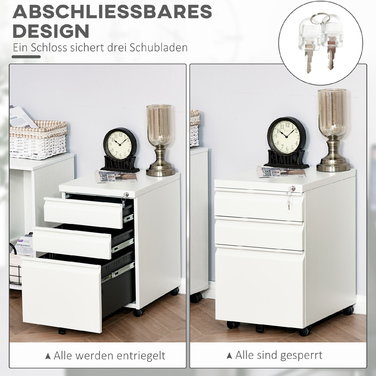 Vinsetto Rolling Storage Cabinet with 3 Drawers and Wheels, Compact Steel with Concave Handle, White 39x48x60cm