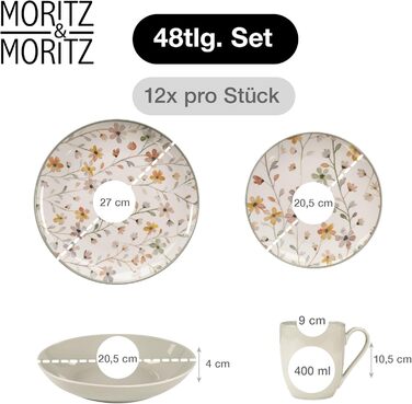 Набір посуду Moritz & Moritz PRIMAVERA Steingut для 6 осіб (24 шт.) - сучасний сервіз з ігровим дизайном, легкий у догляді, з тарілками, чашками та салатниками