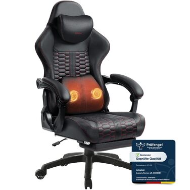 Ігровий крісло Dowinx Big and Tall з масажем попереку, підставка для ніг, ергономічний комп'ютерний стілець, PU шкіра, 180 кг, чорний