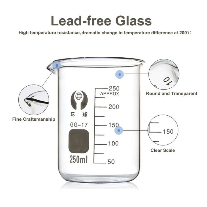 Borosilicate Glass Beaker Set, JESSTOLO 3-Piece Thick Glass Graduated Beakers with Clear Spout 50ml 100ml 250ml, 3 Glass Pipettes, 3 Washing Brushes, and 2 Glass Rods, for Laboratory Research Medicine