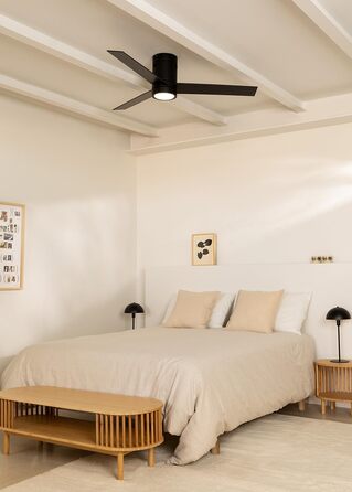 Стеляний вентилятор WINDMINIMAL білий з освітленням та пультом керування. Тихий, таймер, DC-двигун, 40W, діаметр 132 см, 6 швидкостей, режим літо/зима (чорні лопаті)