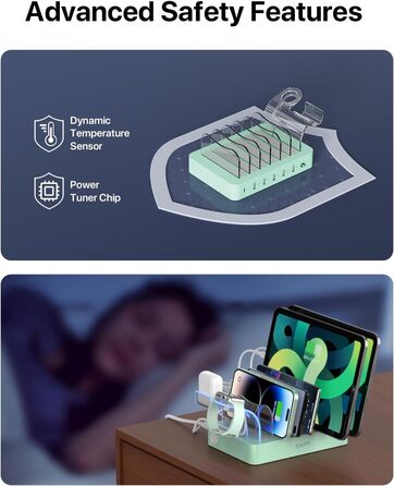 Зарядна станція SooPii USB 60W/12A, 6 портів, органайзер для декількох пристроїв з тримачем для Apple Watch, 6 кабелів для телефонів, планшетів та інших електронних пристроїв. Зелена