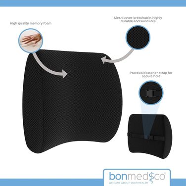 Подушка для офісного крісла Bonmedico з піни Memory Foam: поперекова підтримка для офісу, авто та дому, ергономічна спинка, чорна, підтримка попереку (X-Small)