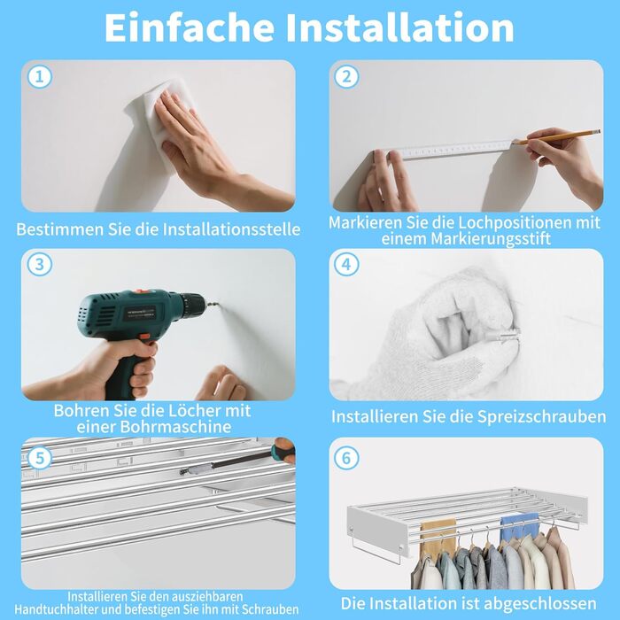 Настінний сушильник для білизни з довгими стіжками, 5 ліній сушіння, розкладний, для дому та вулиці, ванна кімната (білий, 80 см)