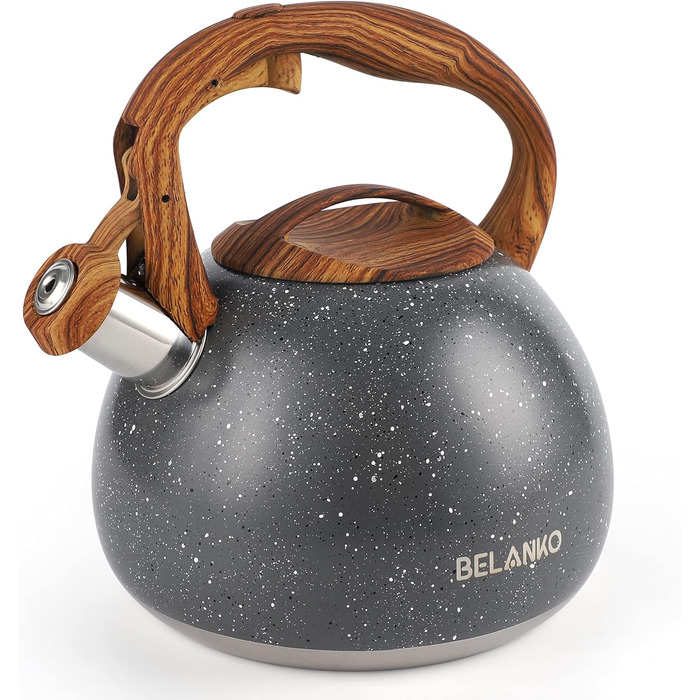 Чайник BELANKO з нержавіючої сталі 2.7л з дерев'яною ручкою, свисток, для плити, індукції, дизайн 