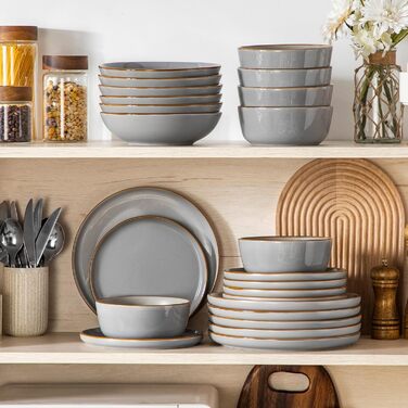 Набір посуду на 6 осіб Vancasso RENO 24 шт. з каменю, сучасний сервіз: обідні, супові, десертні тарілки, миски. Можна мити в посудомийній машині та використовувати в мікрохвильовці, сірий колір.