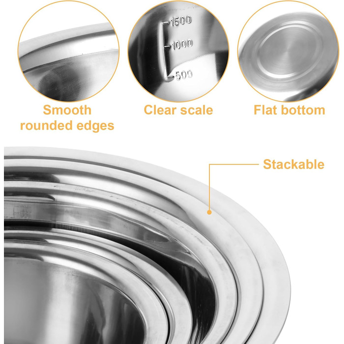 Набір з 5 штук містких металевих чаш GBACHOOSE: 0.58L, 0.9L, 1.6L, 2.05L, 2.6L. Ідеально підходять для приготування, змішування, подачі та зберігання. Зручні, стійкі, легко миються.