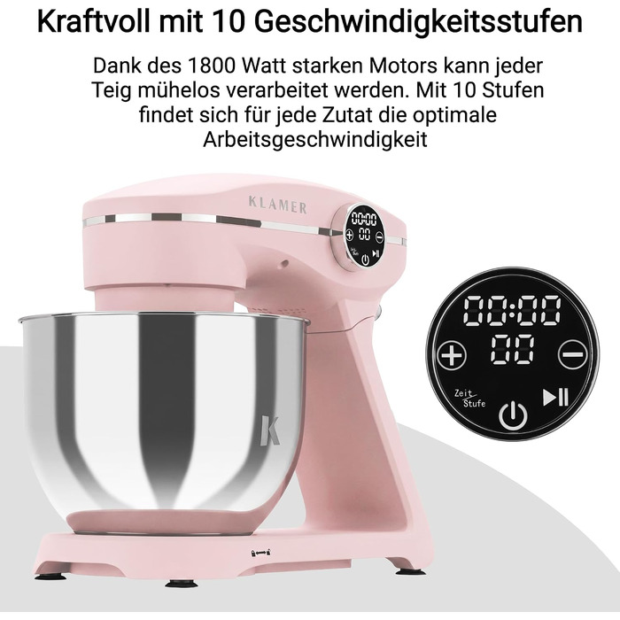 Кухонний комбайн KLAMER 1800W, планетарний міксер для тіста з чашею з нержавіючої сталі 6л (Premium Pink)
