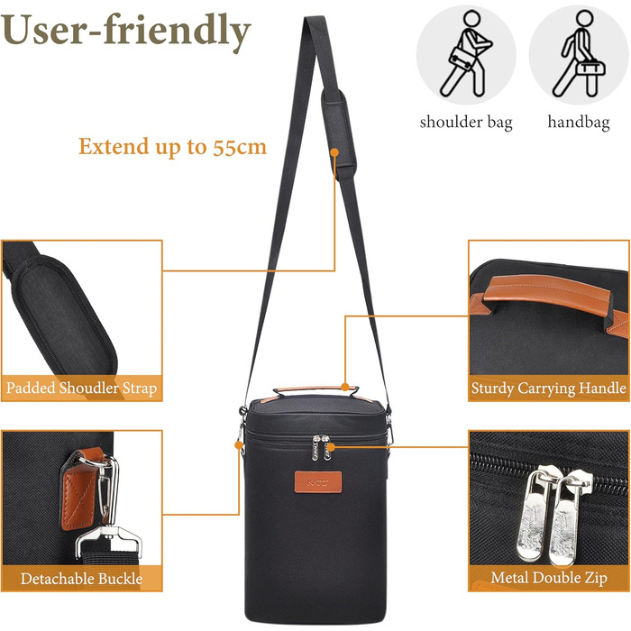 Kato Tirrinia Insulated Wine Cooler Bag, 4 Bottle Cooler Bag Wine Bag Beverage Bags with Handle and Adjustable Shoulder Strap, Gift for Wine Lovers for Picnic, Party, Beach (Cooler for 4 Bottles - Black)