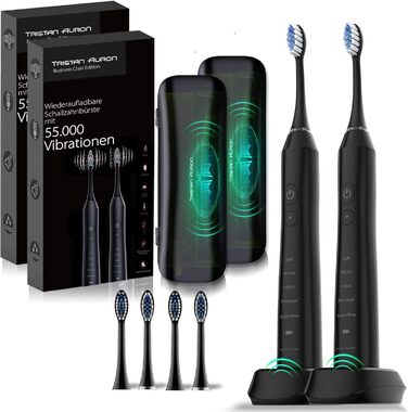 Електрична зубна щітка Tristan Auron Doppelpack 55000 VPM з UV-кейсом, 60 днів акумулятора, 5 режимів чищення, IPX7, зарядний пристрій (Чорний+Рожевий)