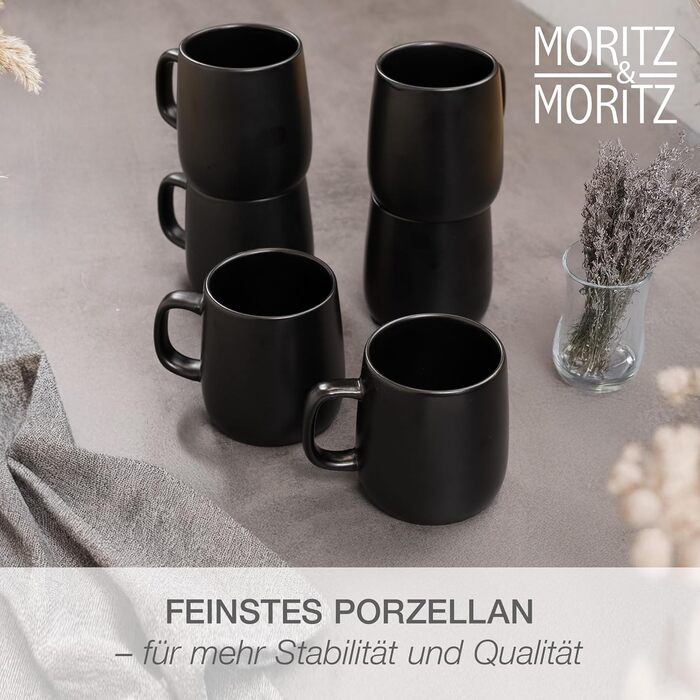 Набір кавових чашок Moritz & Moritz VIDA, 6 шт., чорний колір, 380 мл, з ручкою, з високоякісного порцеляну