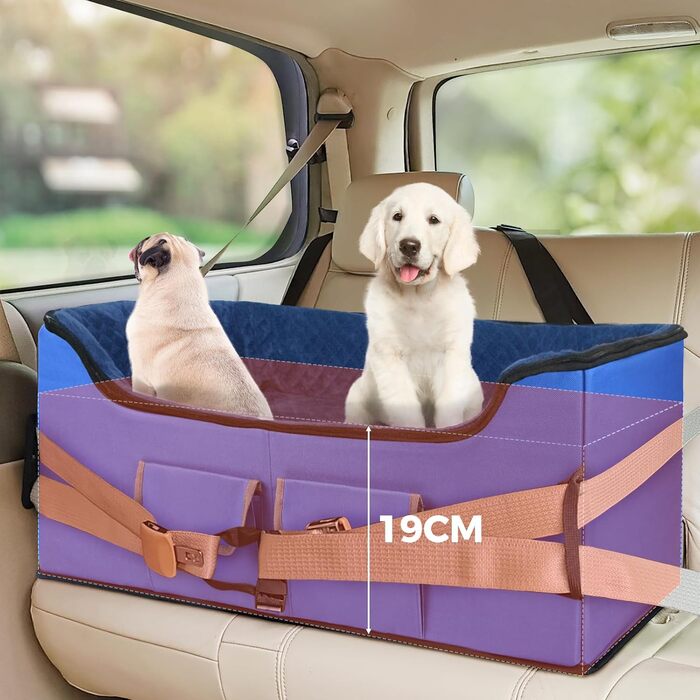 Stable Multi-Pet Car Seat Booster with Safety Belt for Medium Dogs, Washable & Large Capacity Reinforced Dog Basket for Rear Seat (Blue, L)