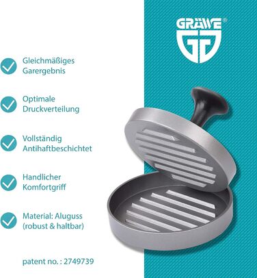 Пресс для бургерів Gräwe з 50 аркушами пергаментного паперу, комплект для приготування смачних гамбургерів, котлет та BBQ з алюмінію з антипригарним покриттям
