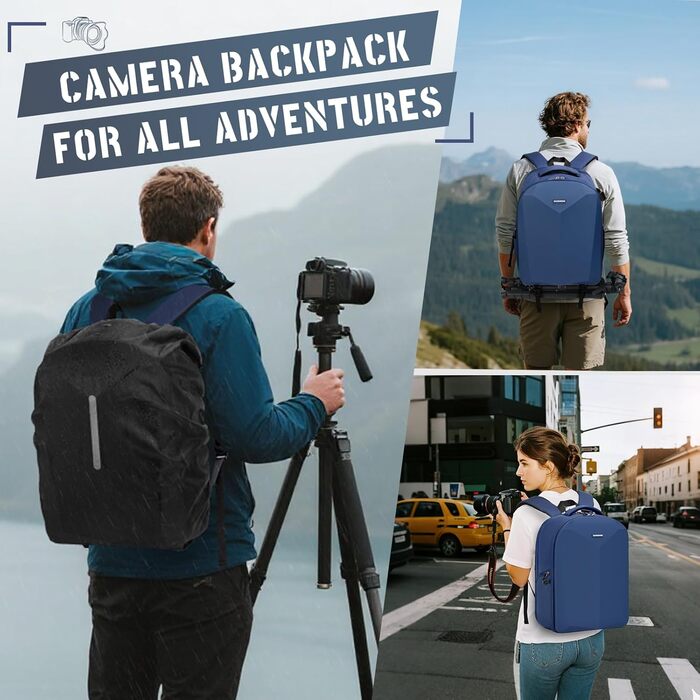 Рюкзак для фотокамери RAINSMORE: водонепроникний, з захистом від дощу, для DSLR/SLR, з відділенням для ноутбука, професійний, блакитний