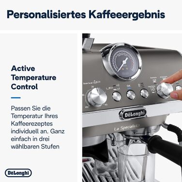 De'Longhi La Specialista Arte Evo EC9255.T Semi-automatic espresso machine with grinder, cold brew function, 8 grind settings, 15 bar, 3 temperatures, milk frothing wand, titanium finish, including barista kit. With Cold Brew function, espresso machine, titanium.