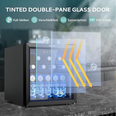 Міні-холодильник EUHOMY для напоїв на 55 банок, чорний, 36L, з дверцятами з прозорого скла, LED-підсвітка, тихий (43dB), для офісу, кімнати, бару