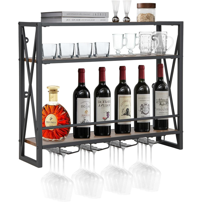 Стеллаж для вина COSTWAY на 3 яруси з дерева та металу, з тримачами для 4 рядів келихів, індустріальний дизайн, для дому, бару, кухні, ресторану