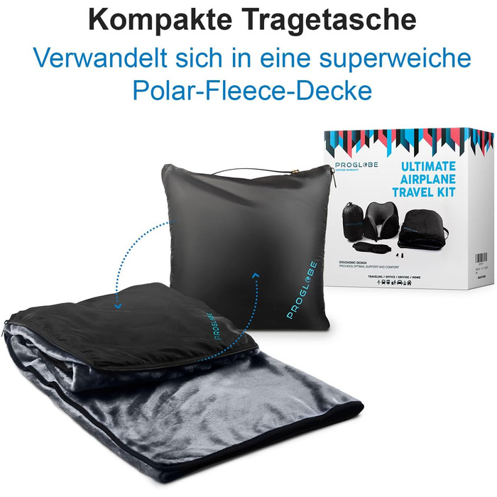 Набір для подорожей Proglobe: подушка для шиї, маска для сну, навушники, ковдра та сумка. Memory Foam, зручний та дихаючий матеріал
