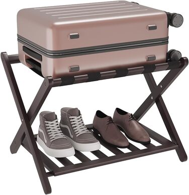 Fully assembled white luggage rack, upgraded bamboo, foldable suitcase stand with 5 nylon straps, luggage holder with shelf for guest rooms, hotel (white luggage rack, 1 piece) (Brown, 1 piece)
