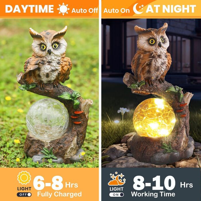 JJALIGHTS Solar Owl Figurine, Owl Garden Decor with Solar Ball, Waterproof for Outdoors, Balconies, Terraces, Gifts for Women, Men, Mom, Birthday, 24CM