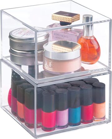 iDesign Makeup Organizer with Lid, Medium-Sized BPA-Free Plastic Jewelry Box, Stackable Storage Box, Clear