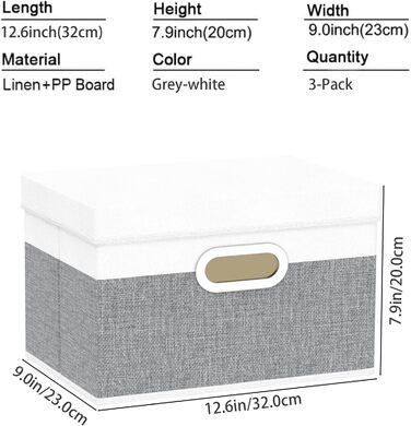 Yawinhe 3-Piece Storage Boxes with Lids, Foldable Fabric Box with Handles, Storage Boxes, for Bedroom, Clothes Storage, 32x23x20cm, SNK023G-3 (32x23x20cm/3-Pack, White/Gray)