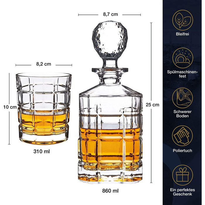 Regal Trunk & Co. Whisky Kristallgläser Set with Decanter - Set of 4 Square-Engraved Tumblers and Carafe - Crystal Whisky Decanter Set for Bourbon and Scotch - Includes Gift Box and Polishing Cloth