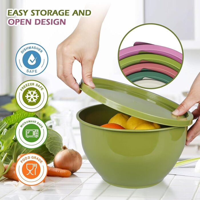 Набір салатниць з кришкою, міски для перемішування з пластику, набір вкладишів для кухні, великі салатниці, сервіровочні миски для змішування та подачі, BPA-free, фіолетовий
