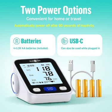 Тонометр RunStar на плече з широкою манжетою (22-42 см) для дому, автоматичний цифровий тонометр з сумкою для зберігання, пам'ять на 2 x 99 показників