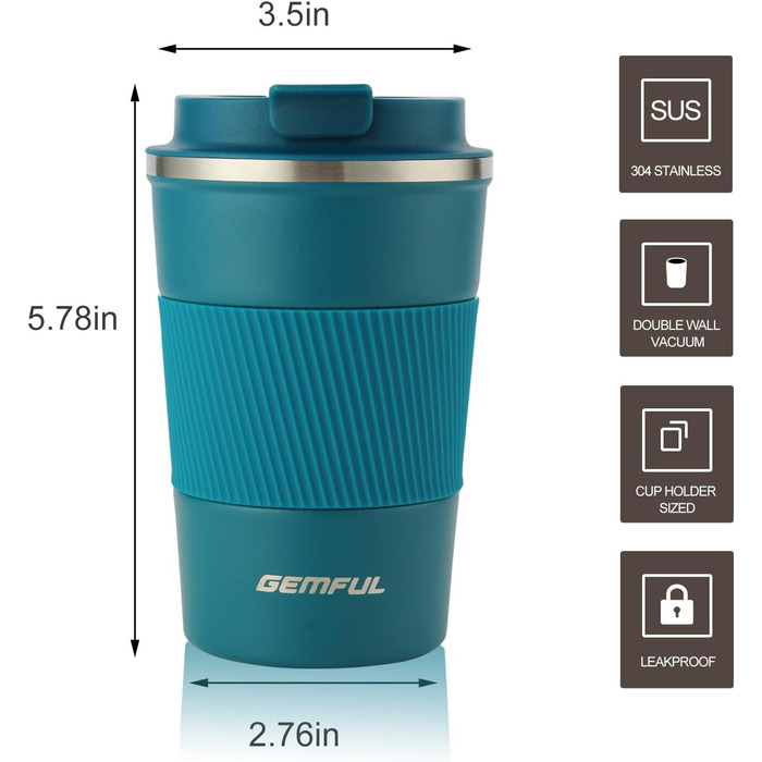 Термокружка з нержавіючої сталі 510 мл Gemful - блакитна, для подорожей та дому