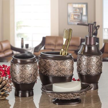 Creative Scents Brown Bathroom Accessory Set, 4-Piece Bathroom Decor Set, Decorative Bathroom Set with Soap Dispenser, Soap Dish, Tumbler, and Toothbrush Holder for Vanity Countertop