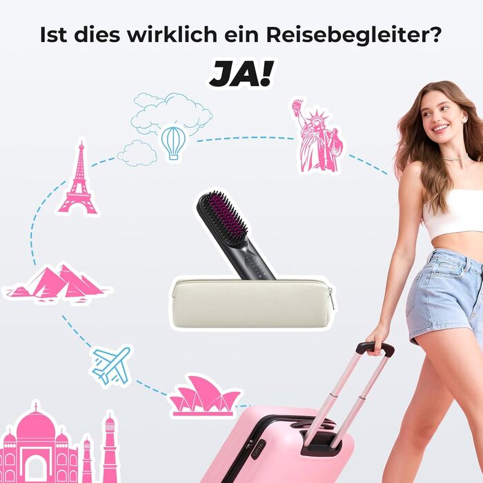 Bopcal Міні випрямляч для волосся - щітка-випрямляч, бездротова, 10000mAh, іонна технологія, професійний захист від опіків, швидкий нагрів, 6 температурних режимів, для подорожей, чорний