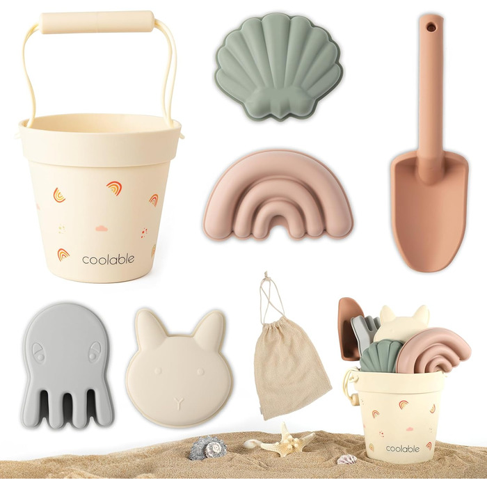 Coolable 6 PCS Beach Toys for Kids, Silicone Beach Toy Set, Includes Bucket, Shovel, and 4 Sand Molds for Boys and Girls (Rainbow)