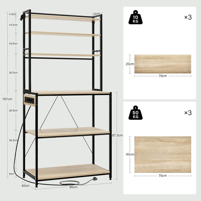 Кухонна полиця WOLTU з 6 ярусами, з розетками, мікрохвильова полиця з 6 гачками, полиця для пекаря з металевим каркасом, регульовані полиці, Чорний+Рустикальне коричневе, 60 x 167 x 40 см (Чорний+світлий дуб, 80 x 39,5 x 167 см)
