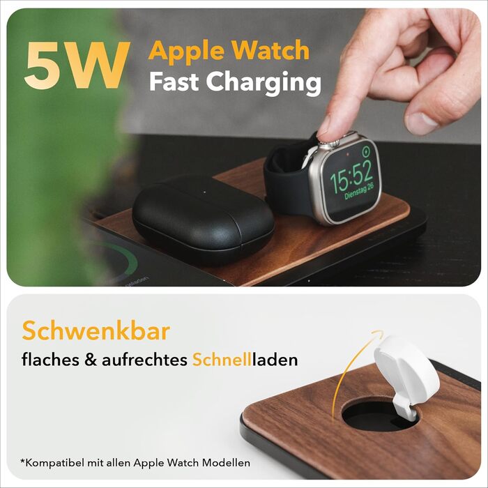 Woodcessories Multibase Pro: Бездротова зарядка 3-в-1 для iPhone, Apple Watch, AirPods з адаптером 45W - Walnut Wood