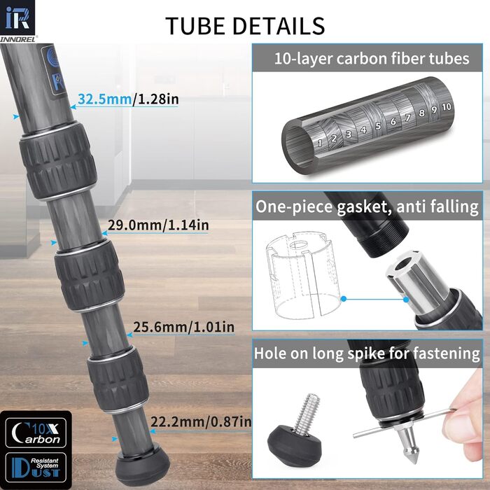 Професійний вуглецевий штатив INNOREL GT324C з кулястою головкою для DSLR камер, компактний вуглепластиковий трипід, максимальне навантаження 25 кг