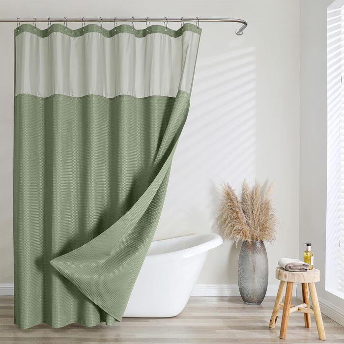Шторка для душу з тканини Вафле, зелена, 183x183 см, з гачками, водонепроникна, для готелю