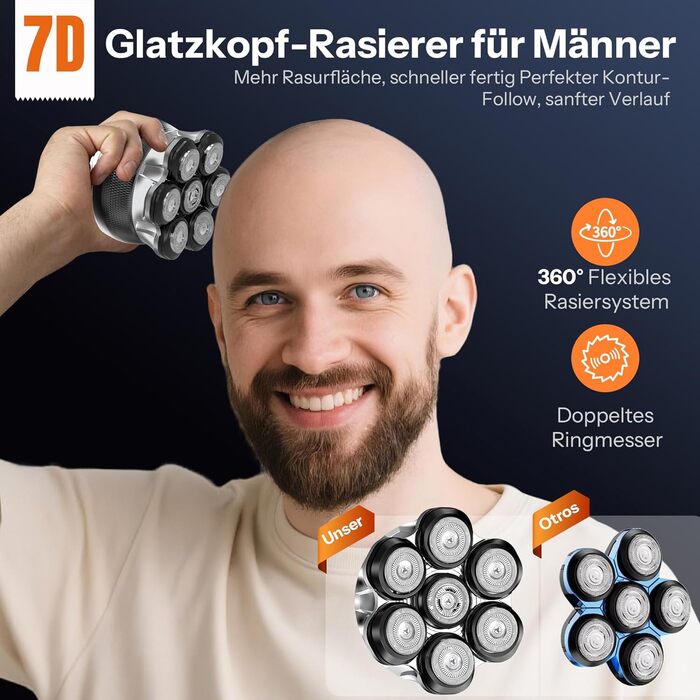 Машинка для гоління голови Yeerain 7D з плаваючими головками, 2 швидкості, акумуляторна, чорна