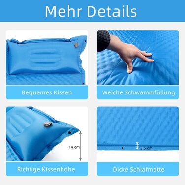 Каремат туристичний самонадувний GYMAX для кемпінгу, на 2 особи з подушками та сумкою, 187 x 131 см, блакитний