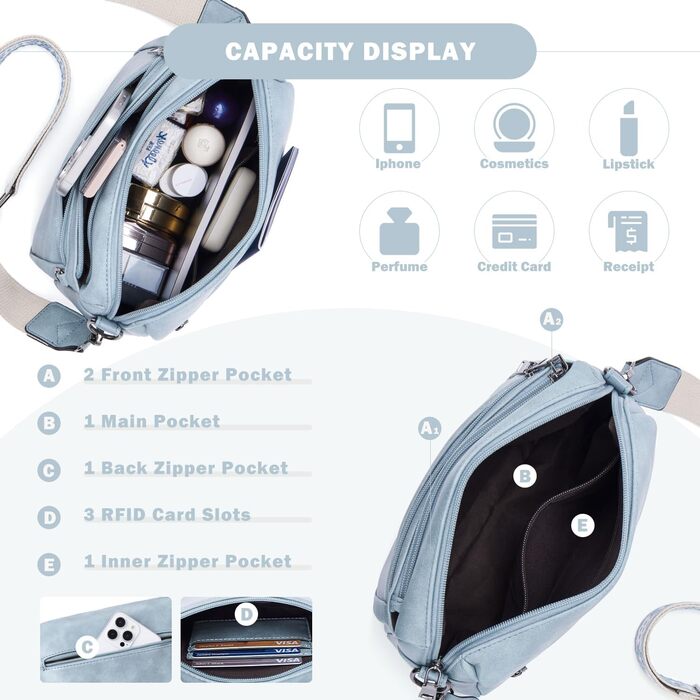 Сумка жіноча через плече MUIIKOLA середнього розміру, екошкіра, м'який широкий ремінь (Світло-блакитна)