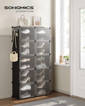 SONGMICS 10-Tier Shoe Rack, Shoe Cabinet, 30 x 40 x 30 cm per compartment, narrow, with doors, steel frame, plastic, for hallway, bedroom, entrance area, black LPC035B01