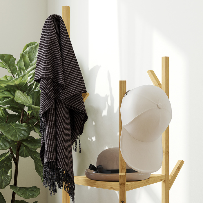 HOMCOM Coat Rack, Clothes Rack with 8 Hooks, 3 Tiers, Jacket Stand for Hats, Clothing, Entrance, Hallway, 45 x 45 x 170 cm, Bamboo, Natural | Aosom