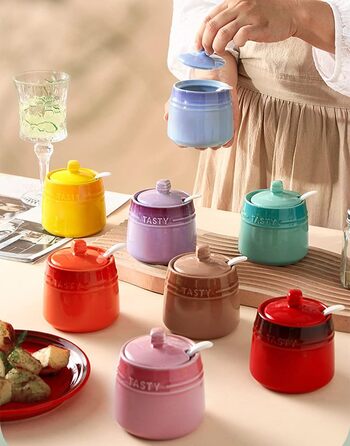 Colorful Ceramic Spice Jar, Spice Container, Sugar Bowl with Lid and Spoon - Red