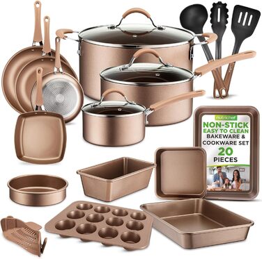NutriChef 20-Piece Nonstick Cookware Set - PTFE/PFOA/PFOS-Free Heat Resistant Lacquer Kitchenware with Saucepan, Frying Pans, Cookware Pots, Oven Pot, Lids, Kitchen Utensils, Matte Gold