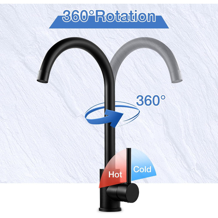 Чорний кухонний змішувач з нержавіючої сталі 304, поворотний вилив, моно-змішувач, стандарт UK, матовий чорний